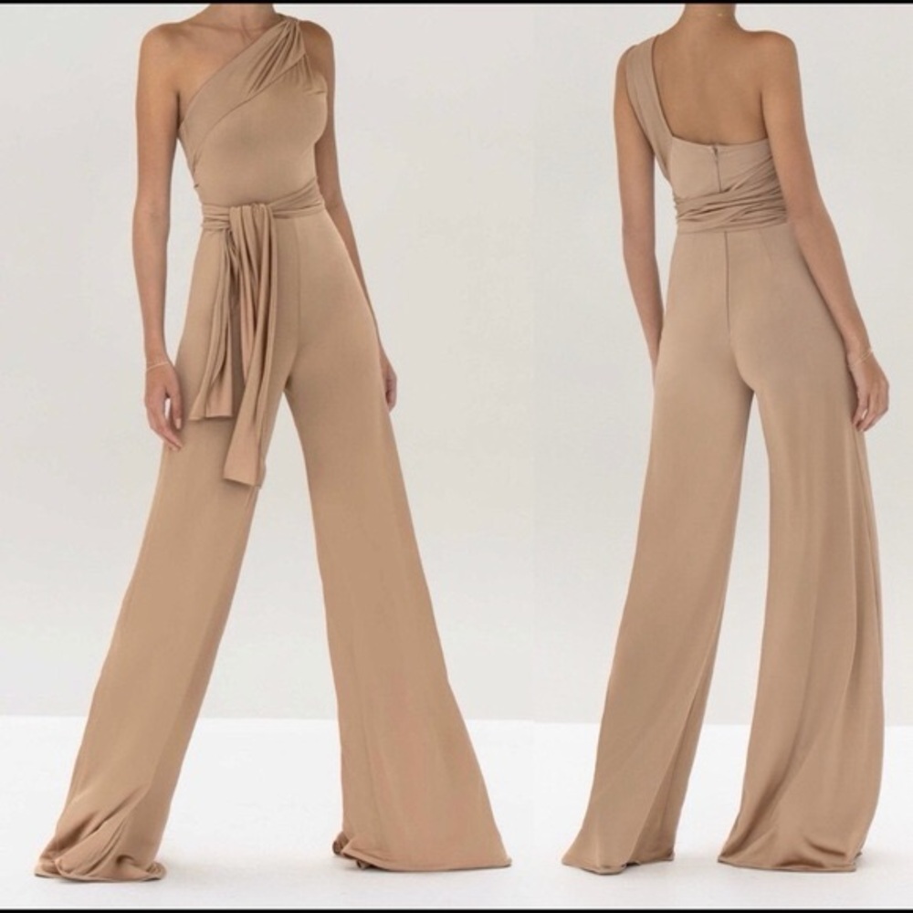 Alexis “Parson” Tan One Shoulder Belted Wide Leg Boho 70s Sexy Jumpsuit S
